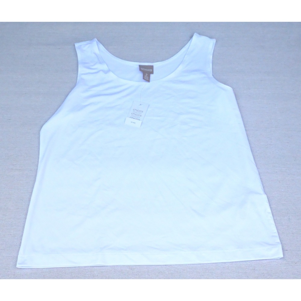 Chicos Womens 2 L White Scoop Neck Tank Top Wide Straps Stretch Knit Sleek NWT